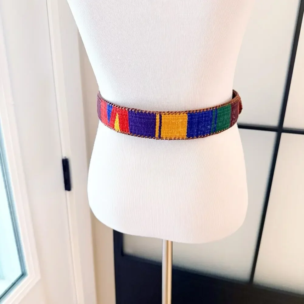 90s Vintage Woven Southwest Belt Aztec Mexican Festival Boho Hippie Leather N
